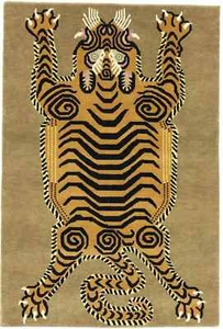 Handmade Fine Nepali Oriental Rug 4X6 ft Khaki Tribal Pictorial Tiger Design - Picture 1 of 17