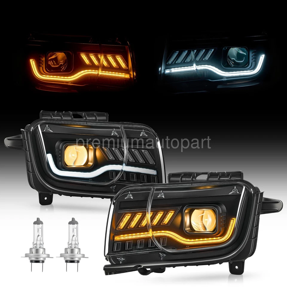 PREENEX Black Projector Headlights for 2010-2013 Chevy Camaro LED DRL Tube Bulbs