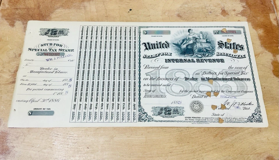 Special U. S. Tobacco Tax Stamp 1885 $2.40 Manufactured Tobacco - Image 1 of 1