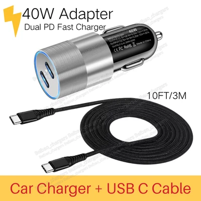 40W Dual Type C Car Charger Adapter USB C Cable For Galaxy S23/S22/S21/S20/S10+ - Image 1 of 4