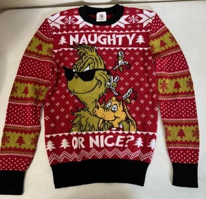 Ugly Christmas Grinch "Naughty Or Nice" Long Sleeve Red/Green Sweater Size Small - Picture 1 of 8