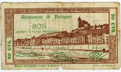 ☆ SPAIN CIVIL WAR 1937 • BALAGUER 50c. MUNICIPAL ☆ GUERRA CIVIL ESPAÑOLA  ☆D1456 - Image 1 of 2