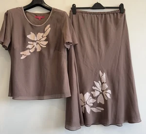 Jacques Vert Skirt Suit Top 18 Skirt 16 Floral Midi Brown Sparkling Metal Fibres - Picture 1 of 8