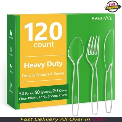 120 cubiertos de plástico de alta resistencia - 50 horquillas, 50 cucharas, 20 cuchillos, sin BPA Foto 1 de 4