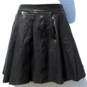 $660 THAKOON ADDITION Black Lamb Leather Pleated Raw Cut Hem Mini Short Skirt 6 - Picture 1 of 12