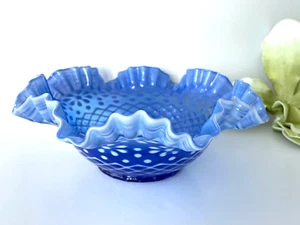 Fenton/Wright 10.5" Cobalt Blue Opalescent Fluted Raffle Glass Bowl Snow Flake - Picture 1 of 22
