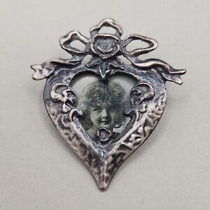 Victorian Look Heart Photo Frame Brooch Lapel Pin Rose Bow Antiqued Silver Tone
