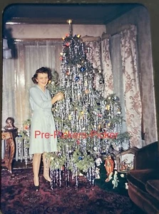Original Vintage Photo Slide Smiling Woman with Large Christmas Tree 1950s Xmas - Picture 1 of 1