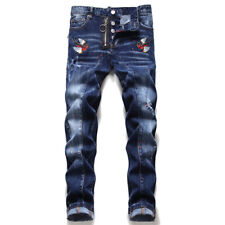 Men's^ Fashion Embroidered Bird Washed Denim Trousers Jeans Ripped Slim Fi