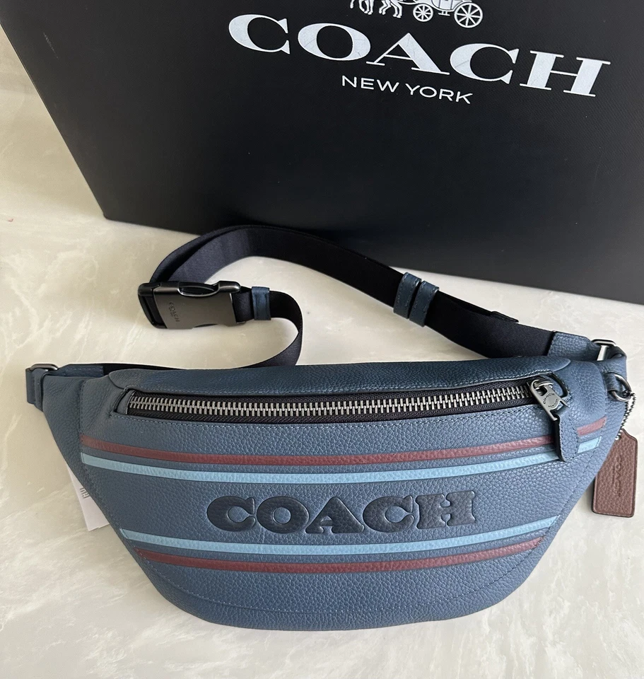 Coach Men Gunmetal/Denim Multi Warren Leather Belt Bag Coach Stripe CH000
