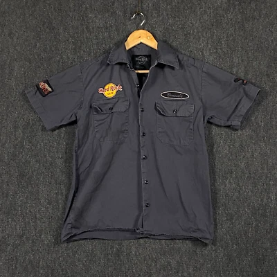 Hard Rock Cafe Mens Small Button Up Shirt Grey Pockets Embroidered Patches - image 1 of 4