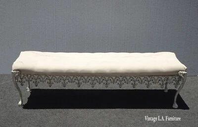 1960s Vintage French Hollywood Regency Bed Side White Bench W Cast Iron Skirt - Image 1 of 4