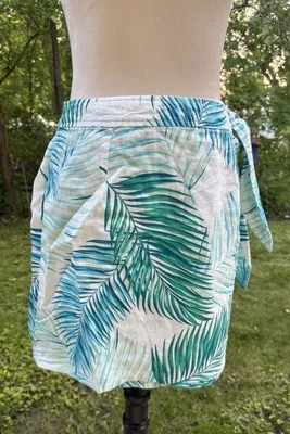 TAHARI 女式 100% 亚麻棕榈叶裹身迷你裙,弹性背面 M 码 — 第 1/4 张图片