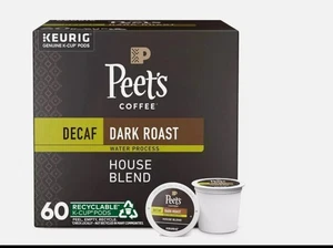 Peet's Coffee Decaf Dark Roast K-Cup Pods, House Blend 60 Count Box Set - Picture 1 of 1