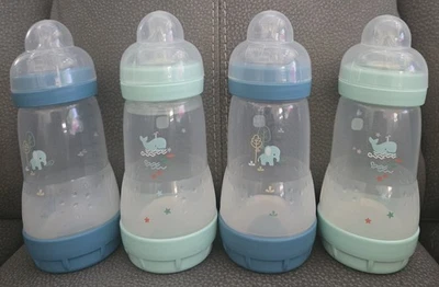 Paquete de 4 botellas Mam de 9 oz azul y verde fácil inicio 2+ meses-nuevo Foto 1 de 4