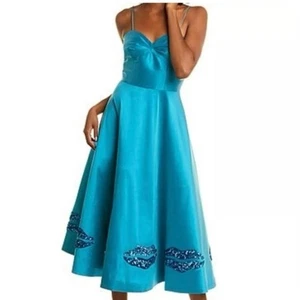 Sachin & Babi Tea length Gown-size 12-teal, metallic sequin lips formal $795 - Picture 1 of 9