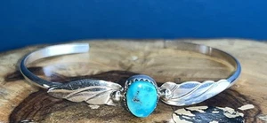 Native American Navajo Sterling Silver & Turquoise Bangle Stamped R.M. - Picture 1 of 7