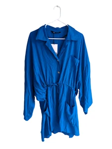 ZARA Women's Turquoise Cinch Waist Tunic Top Long Sleeve Button Up NWT Size XL - Picture 1 of 14