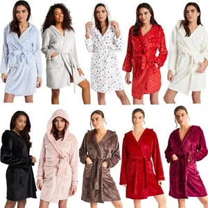 Ladies Super Soft Hooded Fleece Robe Dressing Gown - Picture 1 of 75