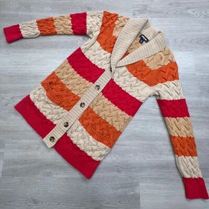 Lands End Drifter Knopfleiste Cardigan Pullover Damen klein gestreift Zopfmuster - Bild 1 von 14