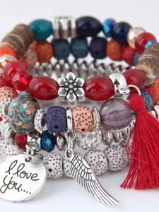 Dehnbares Fransen Lagenlook Perlen Armband In Rot - Bild 1 von 8