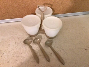 VTG Tupperware Condiment Set Gold Caddy Spoons Almond With Lids Relish Pickle - Picture 1 of 5