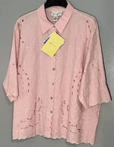 Susan Graver Pink Floral Embroidered Button Front Linen Blend Blouse Womens 3x - Picture 1 of 18