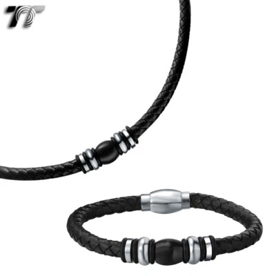 Collar + Pulsera TT Cuero Negro Acero Imán Dos Tonos Cuentas Hebilla Collar Foto 1 de 3