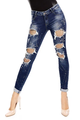 Damen Hose Jeans Denim Look Pailletten Skinny Röhrenjeans Dunkelblau E1899 - Bild 1 von 4