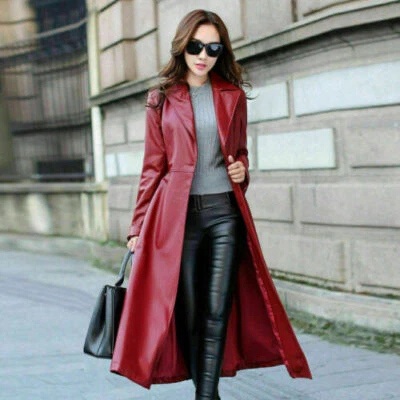 Original Lambskin Leather RED Trench Coat Stylish Halloween Formal Party Wear - Image 1 of 4