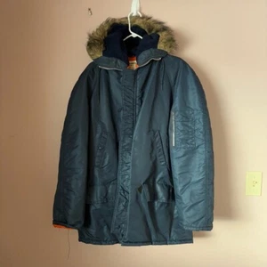 Navy Flying Jacket with Hood and Zipper Closure - Picture 1 of 7