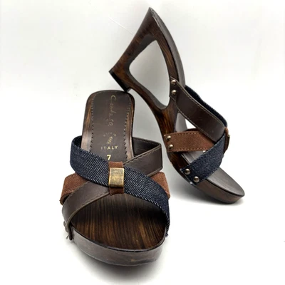 Vintage 80s 90s Contessa Leather & Denim Strappy Wooden Cut-out Wedge Heels 7 - Image 1 of 4