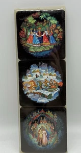 Palekh Russian Fairy Tales Square Cork Back Coaster Set of 6 NEW - Picture 1 of 8