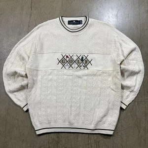 Vintage Consensus Golf Knit Sweater Mens Large Cream Tan Crew Neck Embroidered - Picture 1 of 7