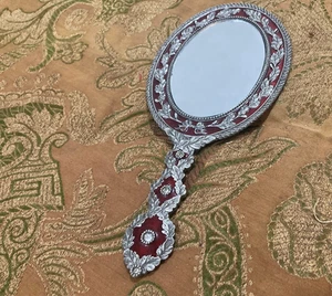 Stunning Vintage Ornate Red & Silver Vanity Hand Mirror Intricate Detail-9.5'' - Picture 1 of 8