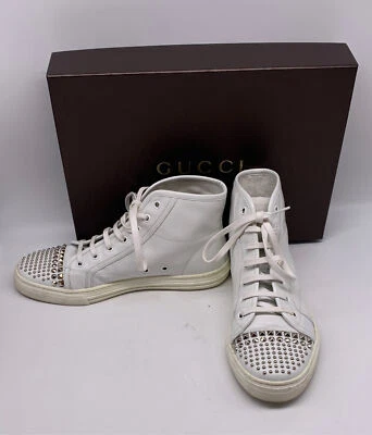 古驰女式白色皮革耳钉鞋头系带高帮运动鞋,尺寸 36.5 US 6.5 — 第 1/4 张图片