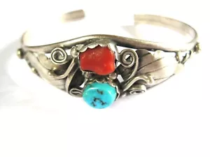Bangle Silver 925 with Turquoise and Coral, Native American Jewelry, 14.45 g - Picture 1 of 3