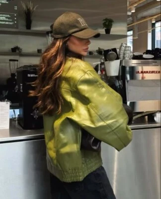 Green Lime Leather Jacket Bomber Oversized Cropped Zara Dupe Shacket Black - Image 1 of 4