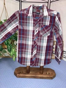 Hawk Long Sleeve Burgundy Gray Plaid Cotton blend Boys Size M Shirt Button - Picture 1 of 5