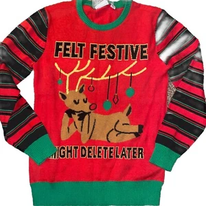 Felt Festive Holiday Sweater Womens Knit Christmas Might Delete Later Sz S L XL - Picture 1 of 9