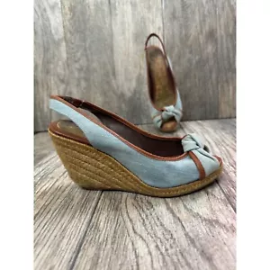 SAM EDELMAN DENIM WEDGE PLATFORM SHOES WOMEN Size 7.5M PEEP TOE KNOT - Picture 1 of 11