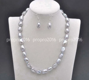 9-10mm Natural Gray Baroque Freshwater Pearl Necklace Earrings Set PN1268 - Picture 1 of 6