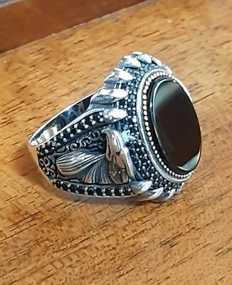 ANELLO UOMO AQUILA Eagle ARGENTO 925 Sterling pirata onice solitario Ring Men $ - Immagine 1 di 4