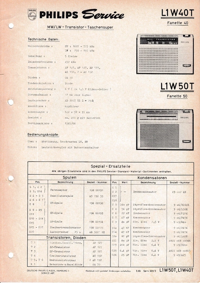 Servizio Manuale di Istruzioni per Philips L1 W40 T, Fanette 40, L1 W50 50 - Immagine 1 di 1