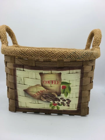 Vintage Coffee Basket Burlap Trim Handles Woven Painted 11"x9"x7.5" Cover