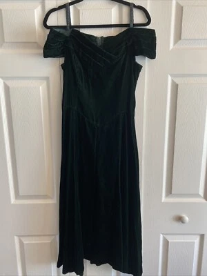 Vintage Moda International Womens 10 Green Velour Velvet Off Shoulder Midi Dress - Image 1 of 4