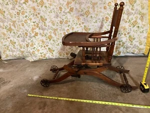 Antique Oak  Convertible High Chair/ Stroller 1900’s - Picture 1 of 15