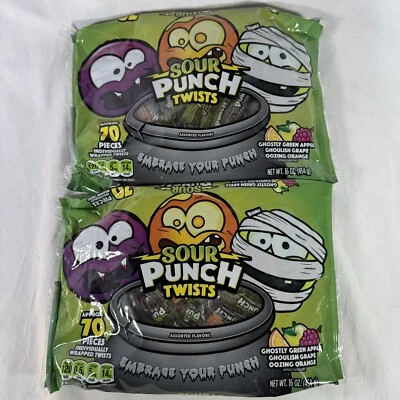 Lote de 2 16oz. "Bolsas Sour Punch Twists envueltas individualmente 3"" uva manzana naranja" Foto 1 de 4