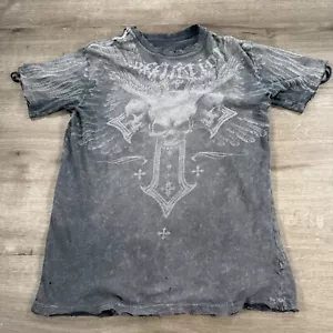 Affliction T-Shirt Totenkopf Kreuz Flügel grau Grunge Metal Distressed Small Faded - Bild 1 von 11