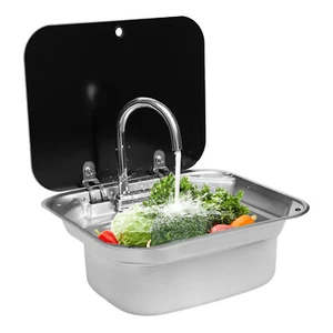 RV Kitchen Sink Unit Caravan Camper Hand Wash Basin Stainless w/ Faucet & Lid - Picture 1 of 20